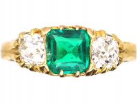 Victorian 18ct Gold, Three Stone Emerald & Diamond Ring