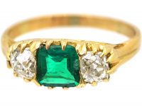 Victorian 18ct Gold, Three Stone Emerald & Diamond Ring