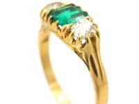 Victorian 18ct Gold, Three Stone Emerald & Diamond Ring