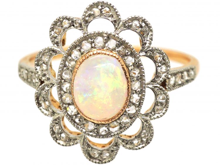 Edwardian 18ct Gold & Platinum, Opal & Rose Diamond Open Cluster Ring