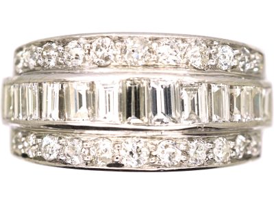 Art Deco Wide Platinum Ring set with Round & Baguette Diamonds