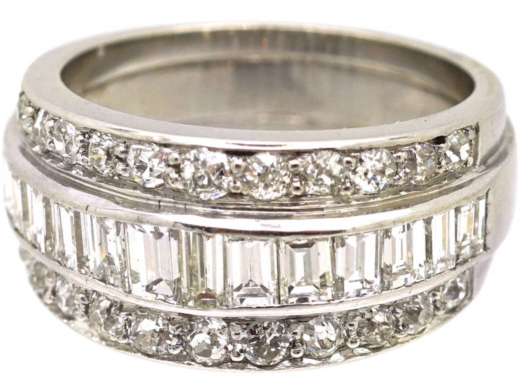 Art Deco Wide Platinum Ring set with Round & Baguette Diamonds