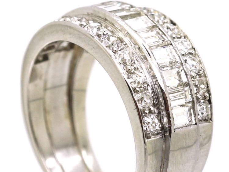 Art Deco Wide Platinum Ring set with Round & Baguette Diamonds