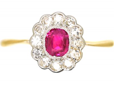 Edwardian 18ct Gold & Platinum, Ruby & Diamond Oval Cluster Ring