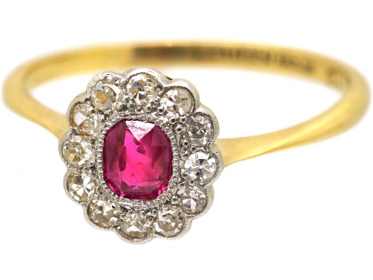 Edwardian 18ct Gold & Platinum, Ruby & Diamond Oval Cluster Ring