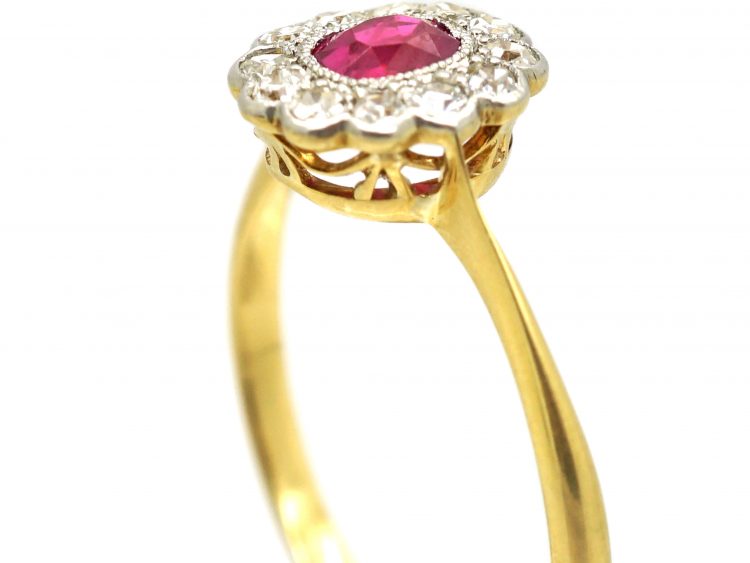 Edwardian 18ct Gold & Platinum, Ruby & Diamond Oval Cluster Ring