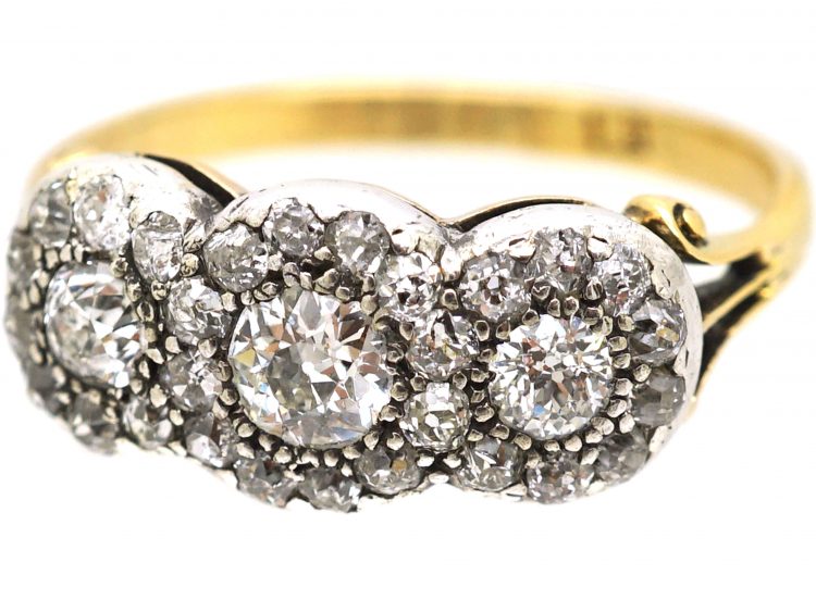 Victorian 18ct Gold & Silver, Triple Diamond Daisy Cluster Ring