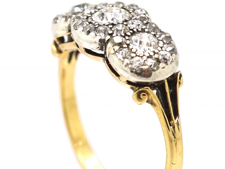 Victorian 18ct Gold & Silver, Triple Diamond Daisy Cluster Ring