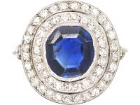 Early 20th Century Platinum, Octagonal Cut Sapphire & Diamond Cluster Ring