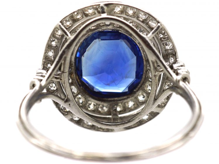 Early 20th Century Platinum, Octagonal Cut Sapphire & Diamond Cluster Ring