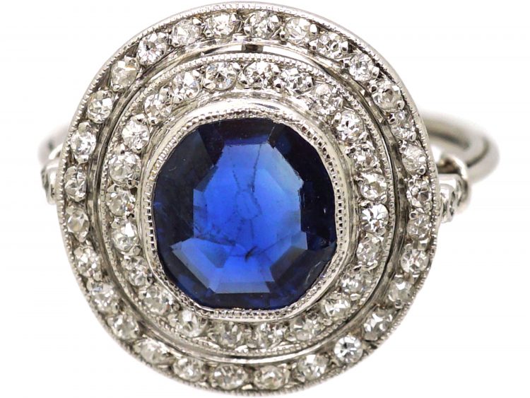 Early 20th Century Platinum, Octagonal Cut Sapphire & Diamond Cluster Ring