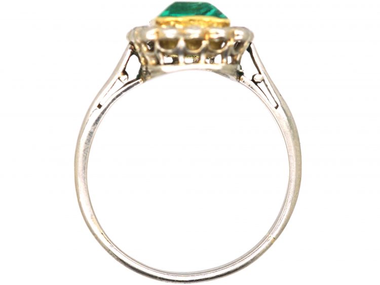 Early 20th Century Platinum & 18ct Gold, Rectangular Cut Emerald & Diamond Cluster Ring