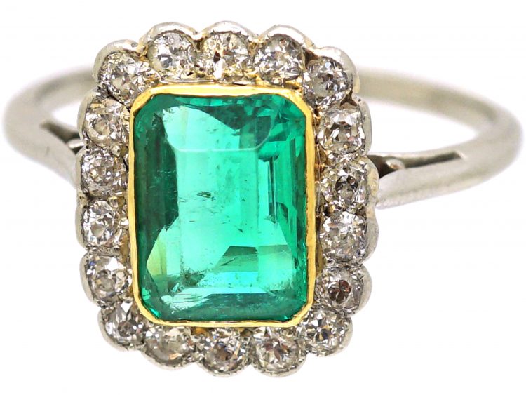 Early 20th Century Platinum & 18ct Gold, Rectangular Cut Emerald & Diamond Cluster Ring