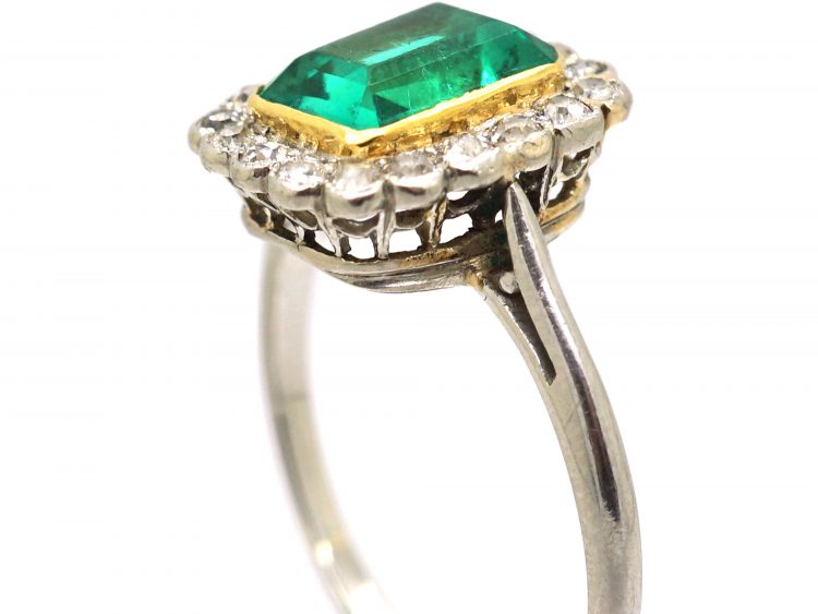 Early 20th Century Platinum & 18ct Gold, Rectangular Cut Emerald & Diamond Cluster Ring