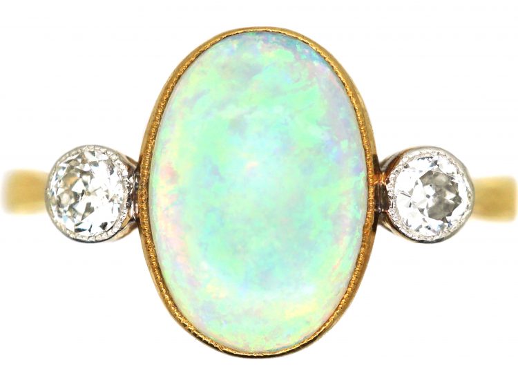 Edwardian 18ct Gold & Platinum, Opal & Diamond Three Stone Ring