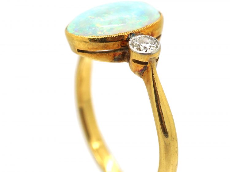 Edwardian 18ct Gold & Platinum, Opal & Diamond Three Stone Ring