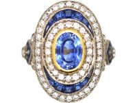 French Art Deco 18ct White & Yellow Gold, Oval Cluster Ring set with Sapphires & Diamonds