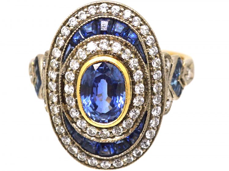 French Art Deco 18ct White & Yellow Gold, Oval Cluster Ring set with Sapphires & Diamonds