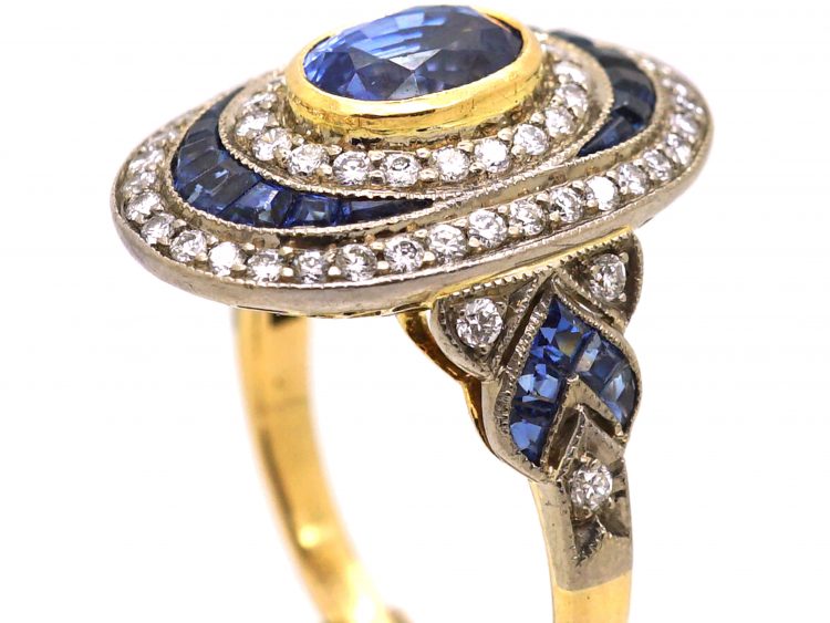 French Art Deco 18ct White & Yellow Gold, Oval Cluster Ring set with Sapphires & Diamonds