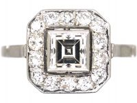 Art Deco French Platinum Octagonal Shaped Ring set with an Carré Cut Diamond with a Diamond Surround