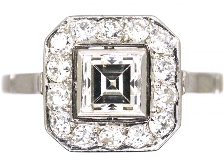 Art Deco French Platinum Octagonal Shaped Ring set with an Carré Cut Diamond with a Diamond Surround