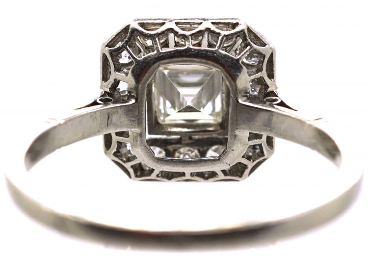 Art Deco French Platinum Octagonal Shaped Ring set with an Carré Cut Diamond with a Diamond Surround