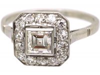 Art Deco French Platinum Octagonal Shaped Ring set with an Carré Cut Diamond with a Diamond Surround