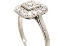 Art Deco French Platinum Octagonal Shaped Ring set with an Carré Cut Diamond with a Diamond Surround