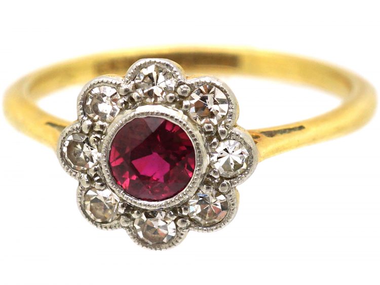 Edwardian 18ct Gold & Platinum, Ruby & Diamond Cluster Ring