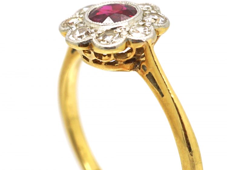 Edwardian 18ct Gold & Platinum, Ruby & Diamond Cluster Ring