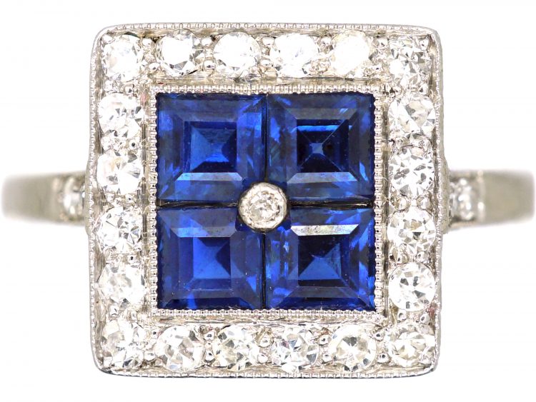 Art Deco Platinum, Sapphire & Diamond Square Ring with Diamond Set Shoulders