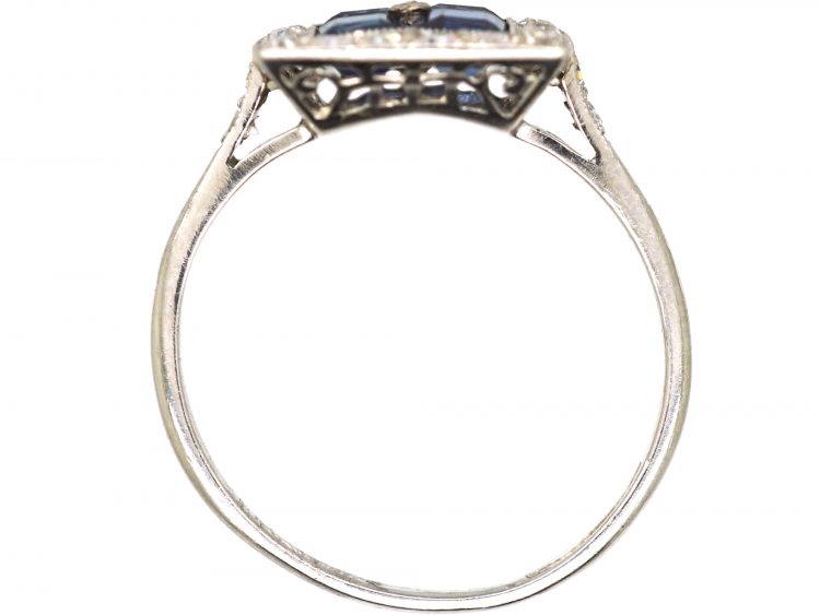 Art Deco Platinum, Sapphire & Diamond Square Ring with Diamond Set Shoulders