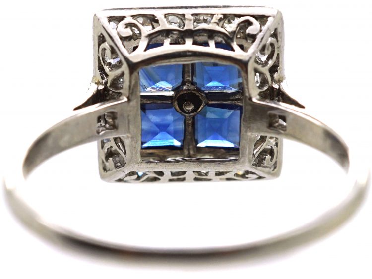 Art Deco Platinum, Sapphire & Diamond Square Ring with Diamond Set Shoulders