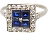 Art Deco Platinum, Sapphire & Diamond Square Ring with Diamond Set Shoulders