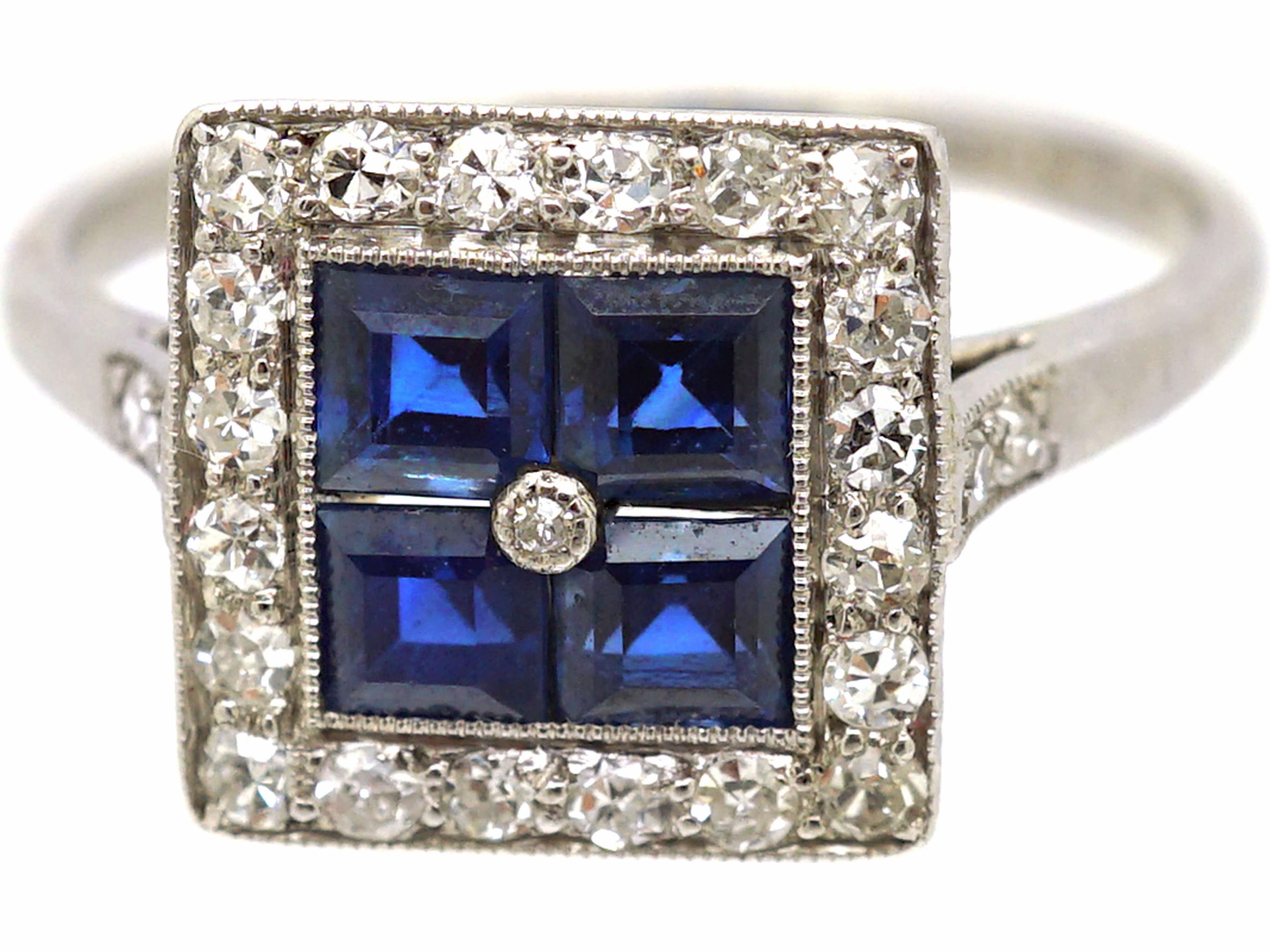 Square Rings Art Deco Platinum, Sapphire & Diamond Square Ring with Diamond Set ...