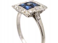 Art Deco Platinum, Sapphire & Diamond Square Ring with Diamond Set Shoulders