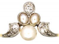 Edwardian 18ct Gold & Platinum Tiara Ring set with Natural Pearls & Diamonds