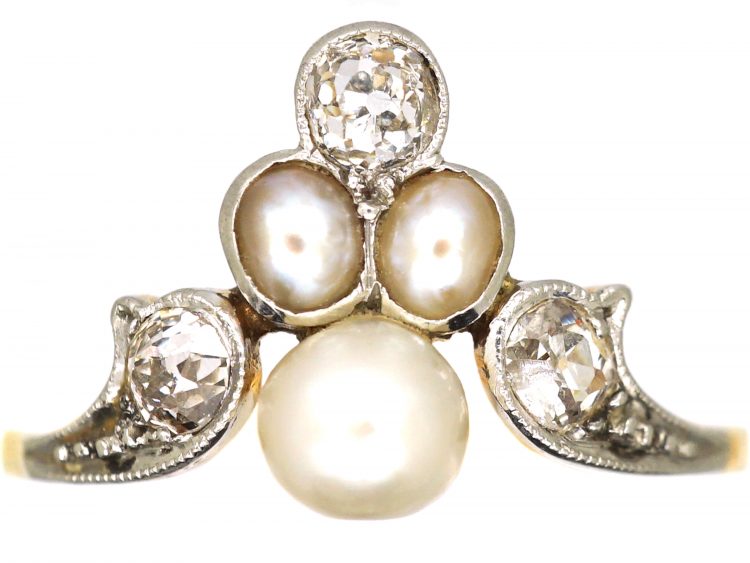 Edwardian 18ct Gold & Platinum Tiara Ring set with Natural Pearls & Diamonds