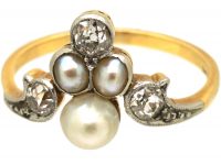 Edwardian 18ct Gold & Platinum Tiara Ring set with Natural Pearls & Diamonds