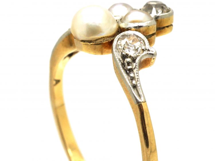 Edwardian 18ct Gold & Platinum Tiara Ring set with Natural Pearls & Diamonds