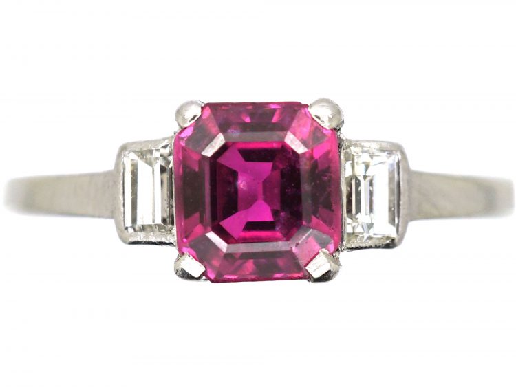 Art Deco Platinum, Square Cut Ruby & Diamond Baguette Ring