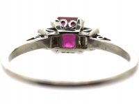 Art Deco Platinum, Square Cut Ruby & Diamond Baguette Ring