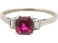 Art Deco Platinum, Square Cut Ruby & Diamond Baguette Ring