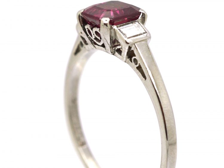 Art Deco Platinum, Square Cut Ruby & Diamond Baguette Ring