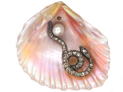 Victorian 18ct Gold & Shell Brooch with a Rose Diamond Set Snake & Natural Pearl Within