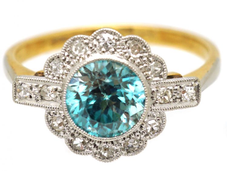 Edwardian 18ct Gold & Platinum, Zircon & Diamond Cluster Ring with Diamond Set Shoulders