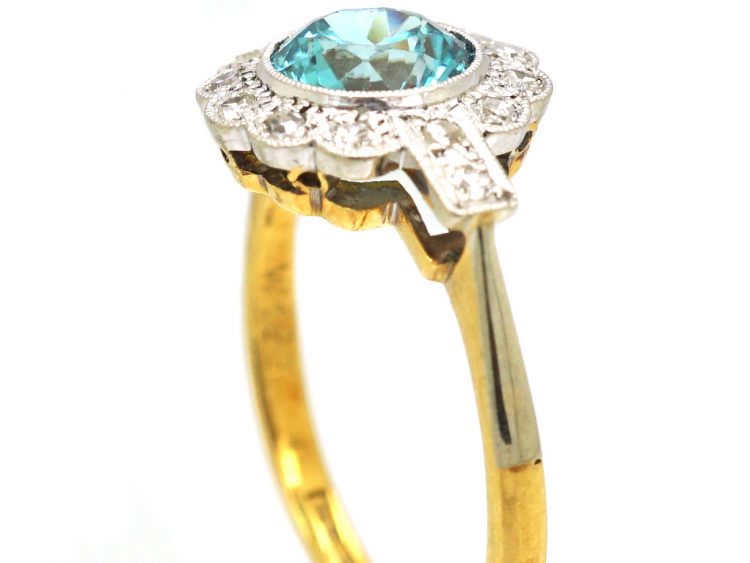 Edwardian 18ct Gold & Platinum, Zircon & Diamond Cluster Ring with Diamond Set Shoulders