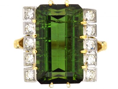 1950’s 18ct Gold Rectangular Cut Green Tourmaline & Diamond Ring