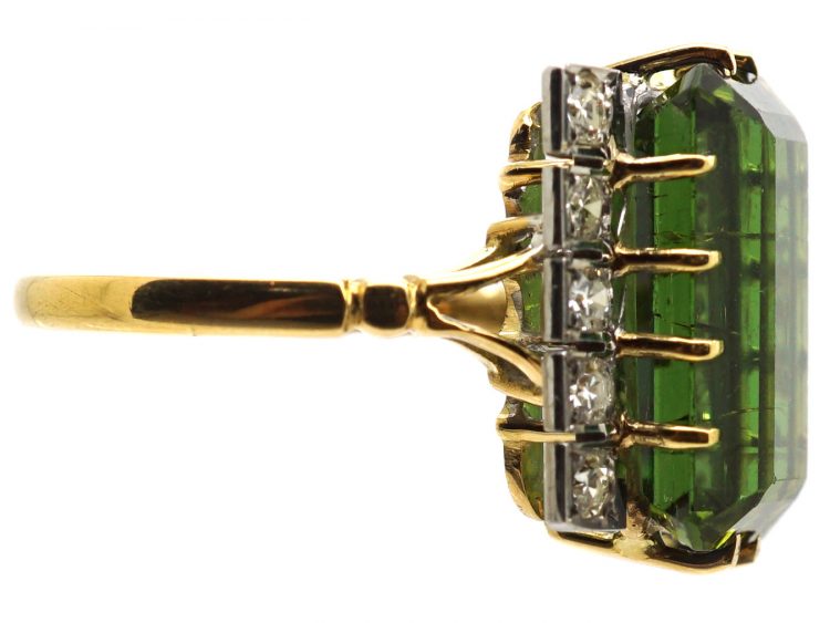 1950's 18ct Gold Rectangular Cut Green Tourmaline & Diamond Ring