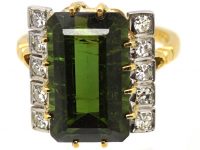 1950's 18ct Gold Rectangular Cut Green Tourmaline & Diamond Ring